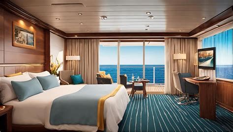Modern cruise ship cabin with king bed, ocean-view balcony, and teal striped carpet