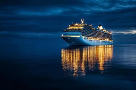 Illuminated cruise ship at night, reflecting on calm blue water under a dark sky