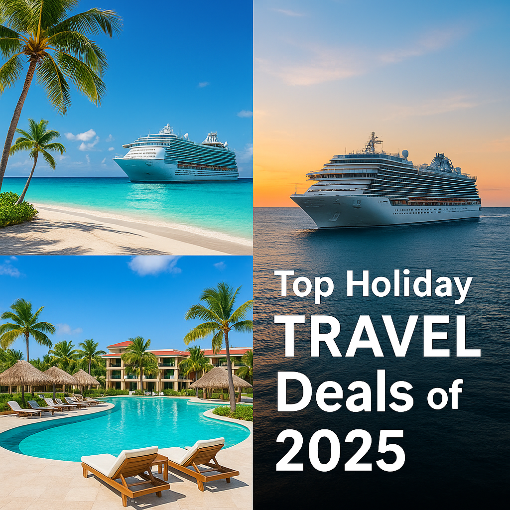 Collage of a cruise ship and resort scenes with text: 
