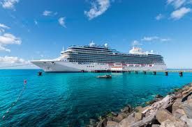 Large white cruise ship in turquoise water near a rocky shore under a blue sky