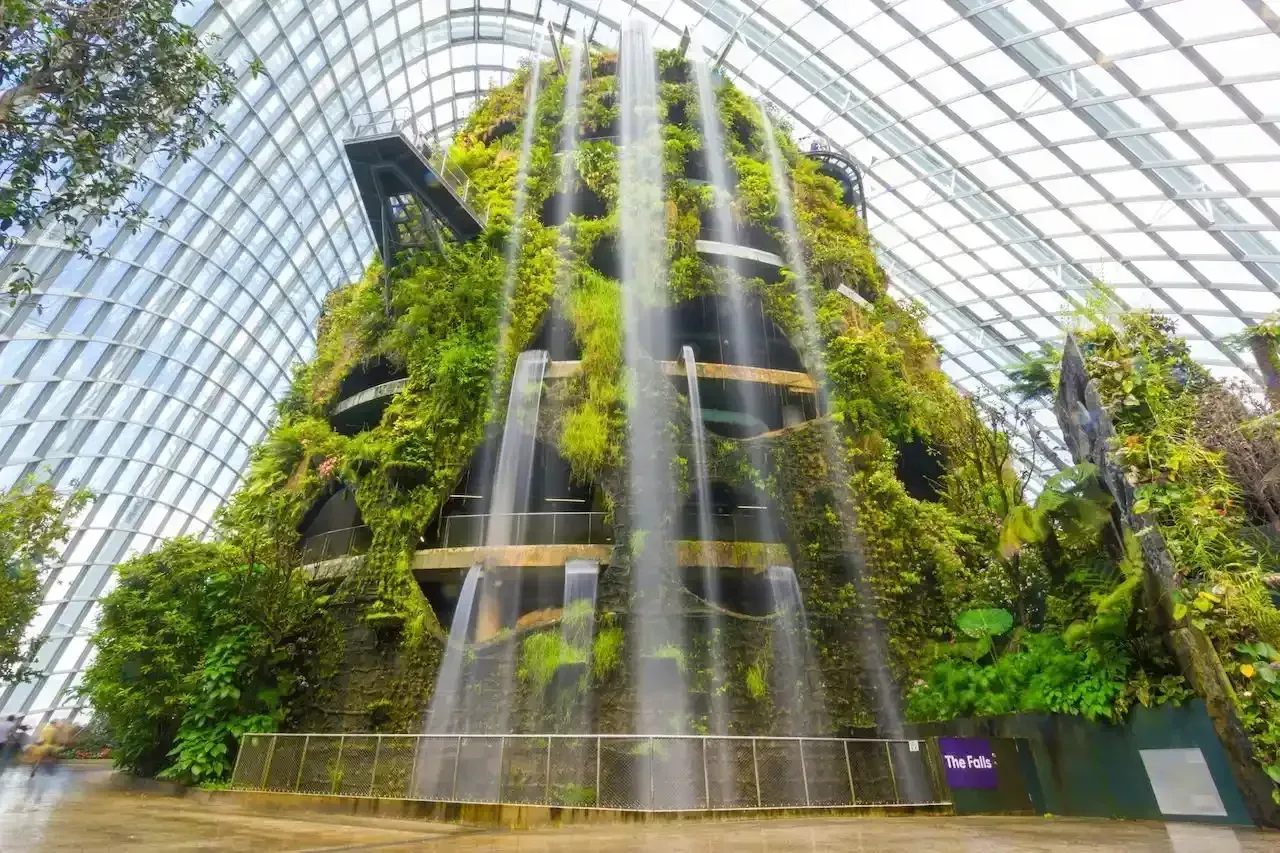 There is a waterfall in the middle of the building.