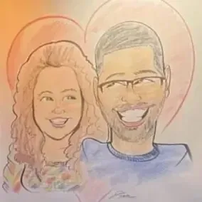 A drawing of a man and a woman smiling with a heart in the background.