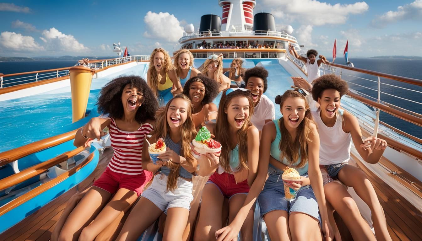 Group of friends sitting on a cruise ship deck, smiling and waving with the ocean and sky behind them
