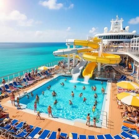 Cruise ship pool deck with turquoise pool, yellow waterslides, and passengers relaxing by the ocean