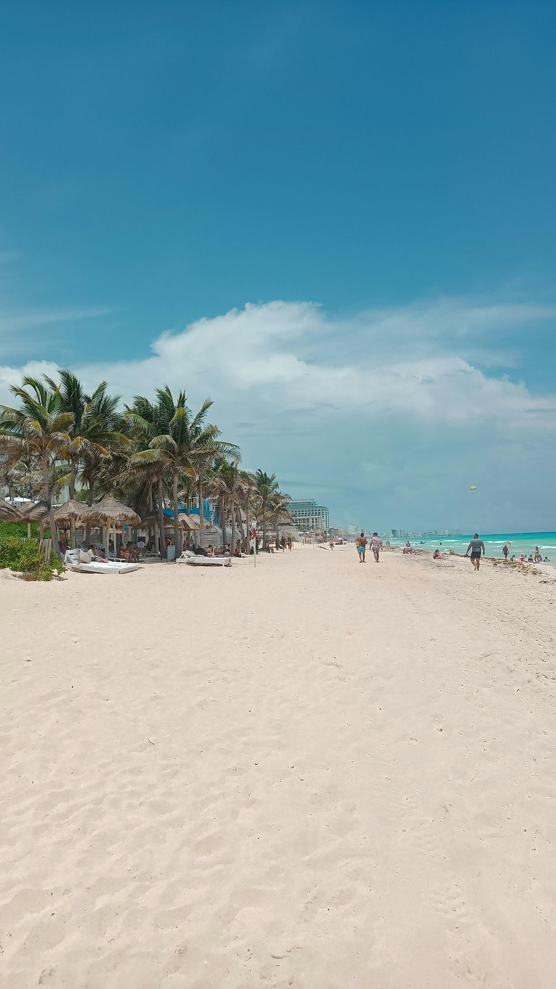 Wide sandy beach with turquoise water, palm trees, and a bright blue sky