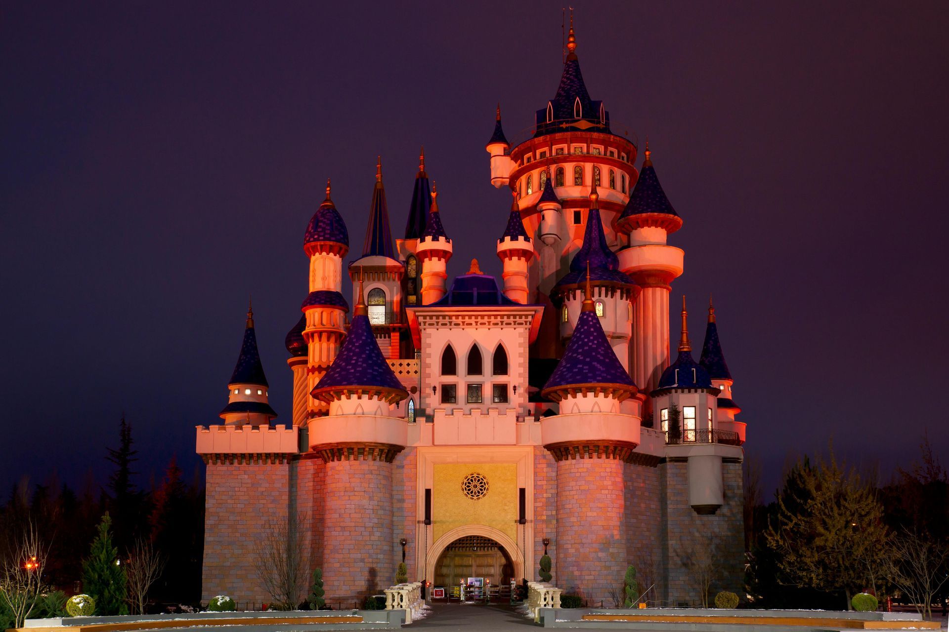 A large castle is lit up at night.