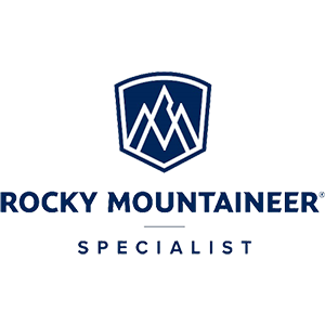 The rocky mountaineer specialist logo is a blue shield with a mountain on it.