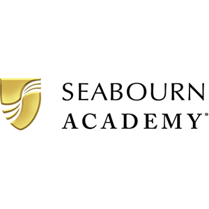 A logo for seabourn academy with a gold shield on a white background