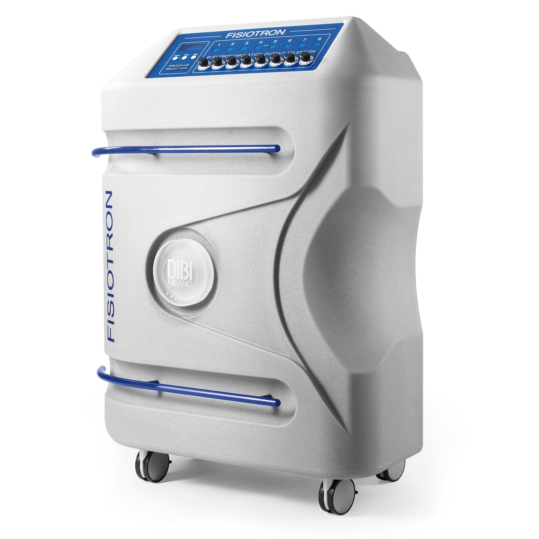 Sterilizzatore medico compatto su ruote di colore grigio con comandi blu e sportello frontale circolare.