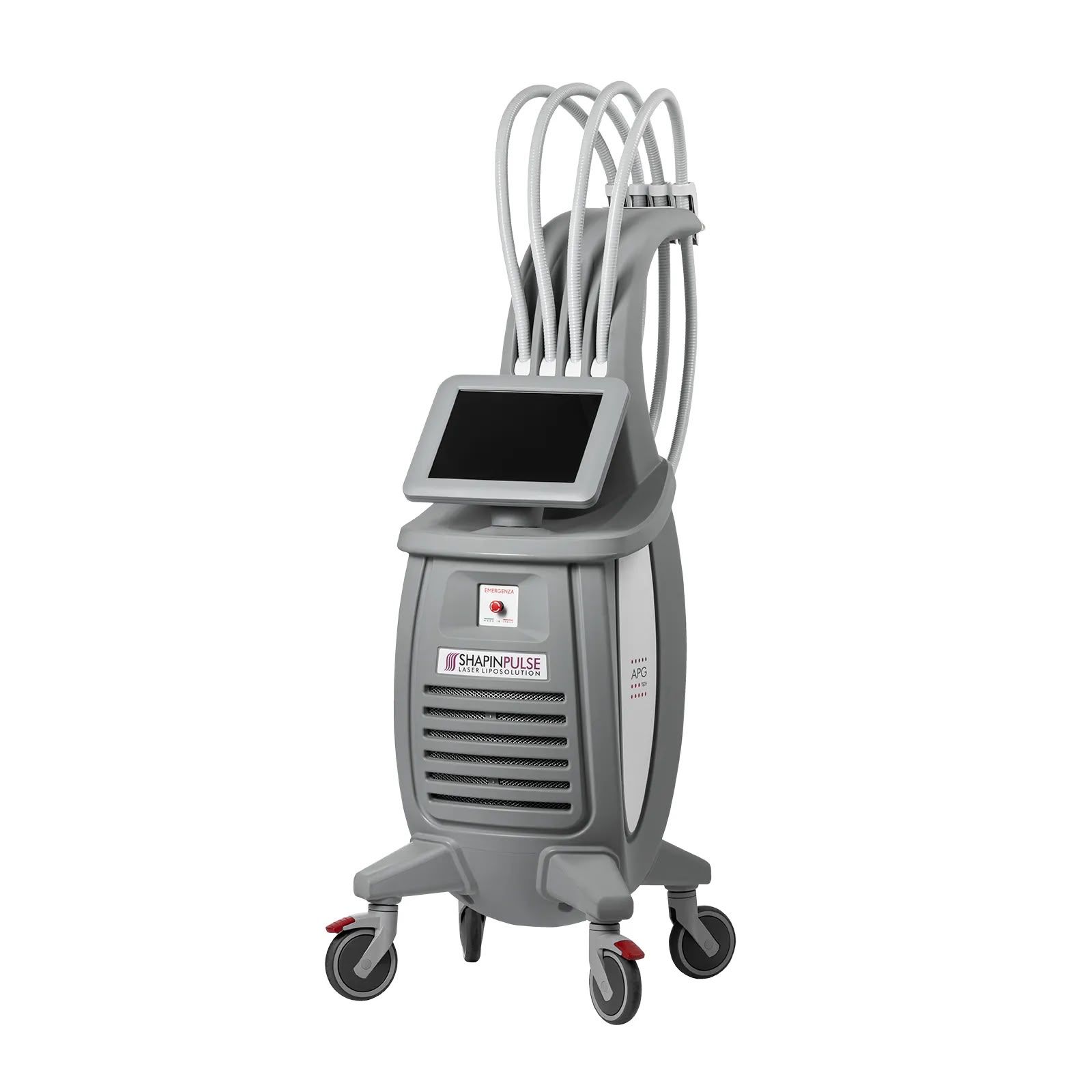 Apparecchio laser medicale grigio su ruote con tubi a spirale e display touchscreen.