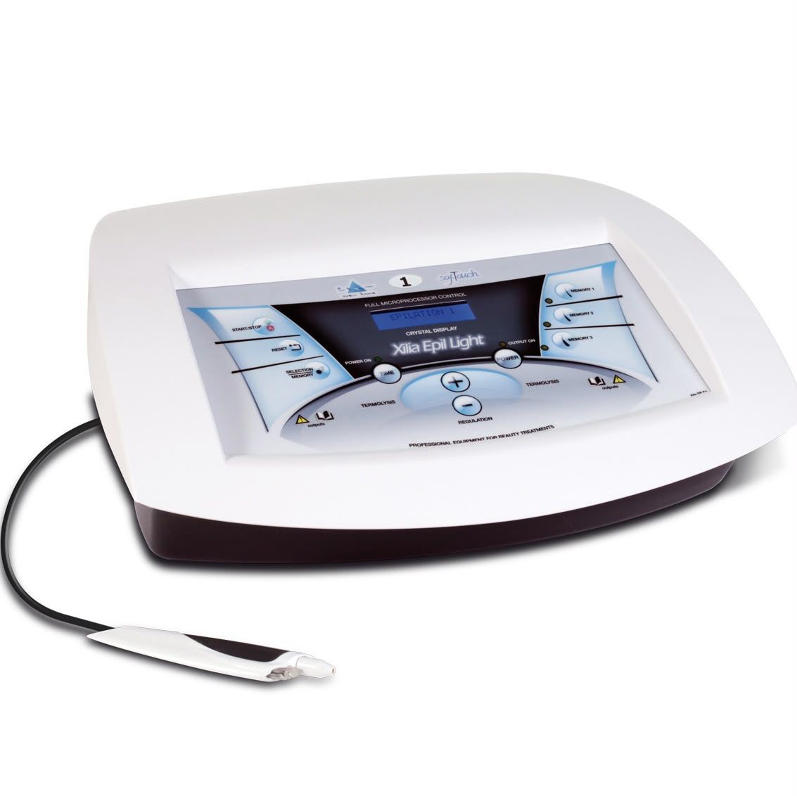 Dispositivo elettronico bianco con display digitale e cavo su sfondo neutro.