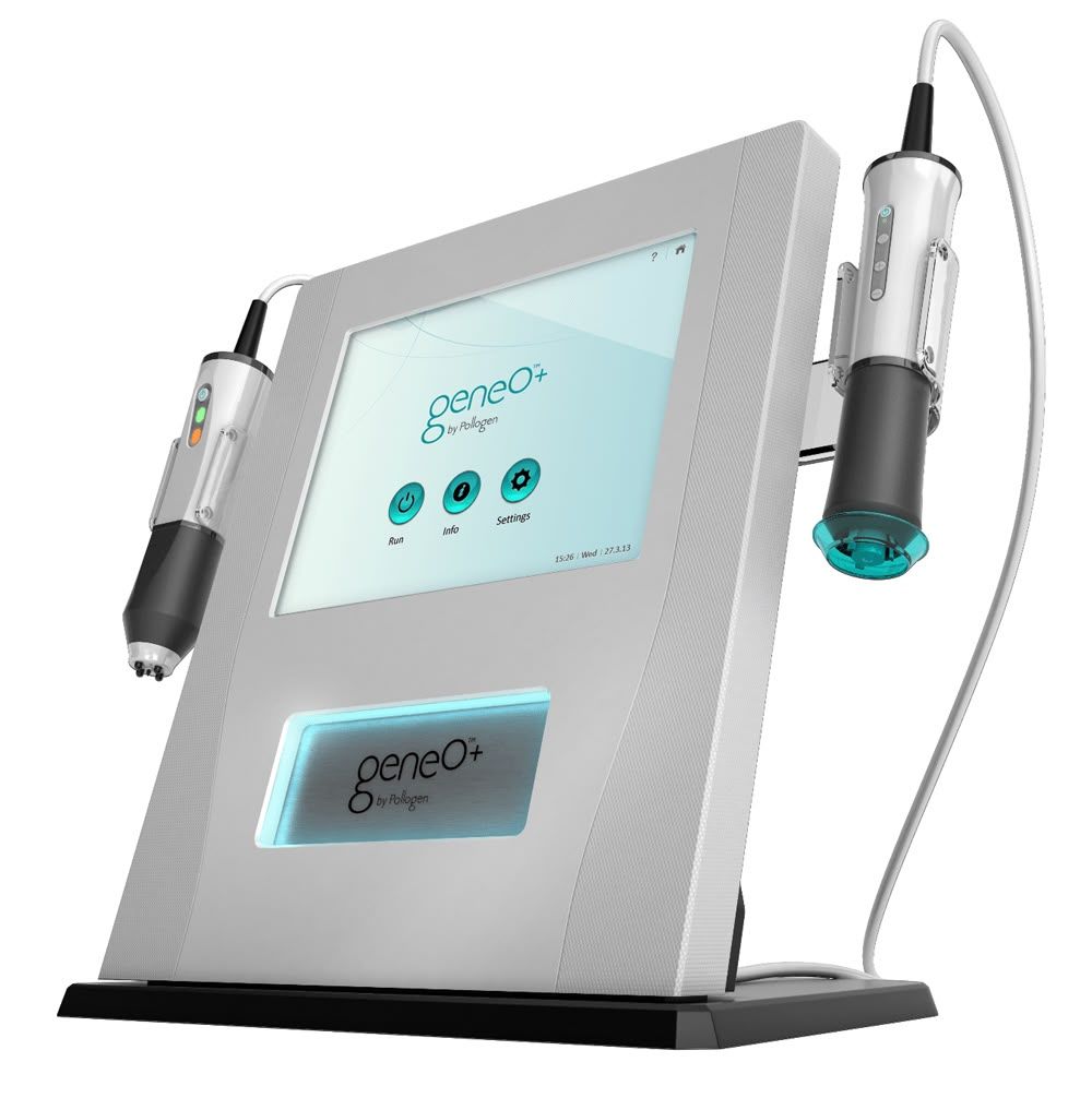 Elegante dispositivo medico color argento con touchscreen e due applicatori manuali su supporto.