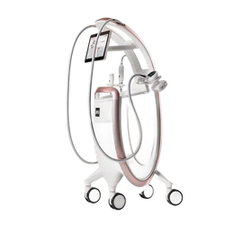 Dispositivo laser medicale portatile su ruote con tubo flessibile a spirale e display touchscreen.