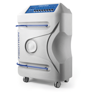 Dispositivo medico estetico bianco con schermo centrale e due accessori portatili su base con ruote.