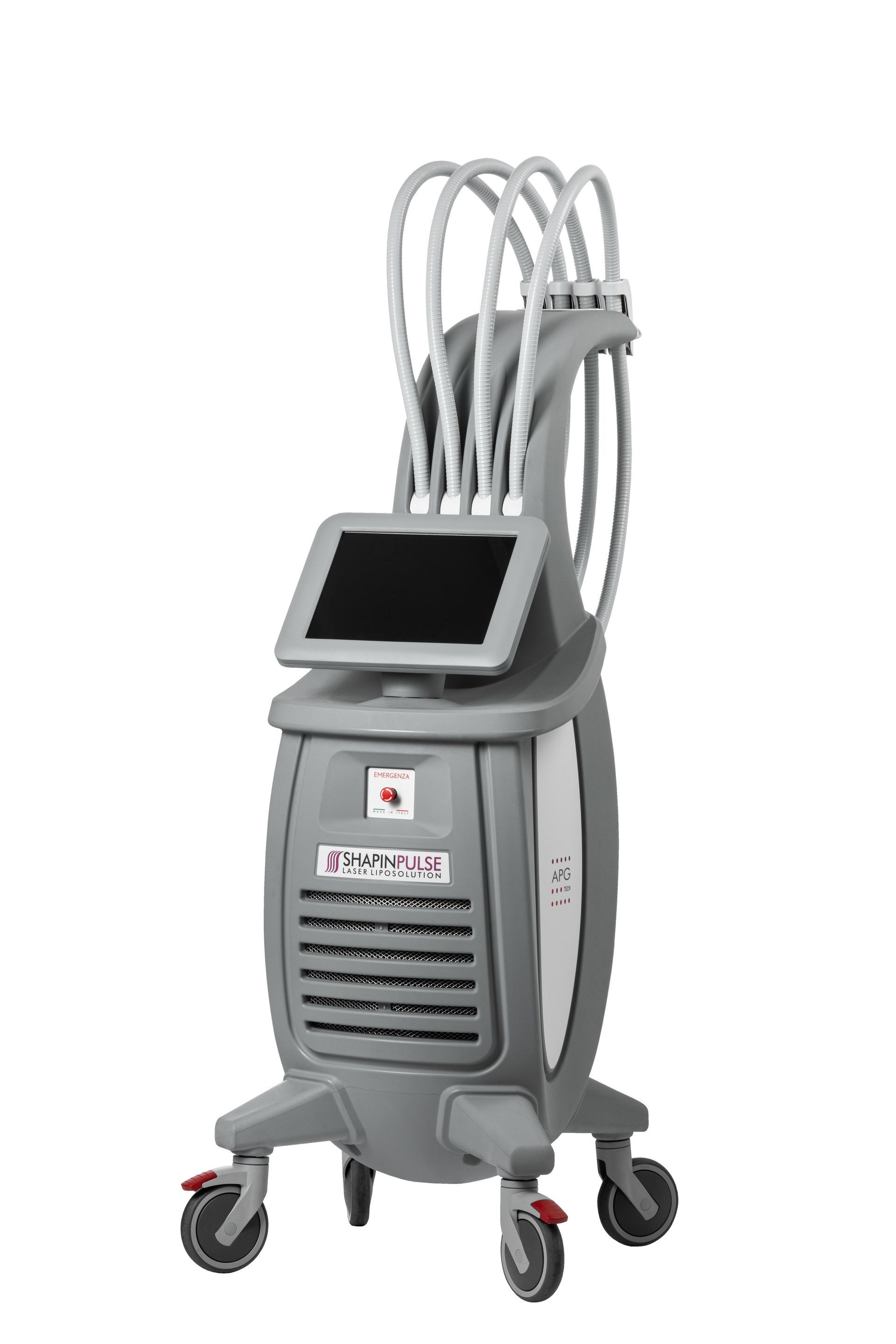 Dispositivo medico estetico bianco con schermo centrale e due accessori portatili su base con ruote.