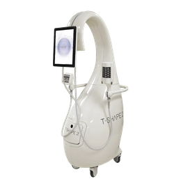 Dispositivo medico estetico bianco con schermo centrale e due accessori portatili su base con ruote.