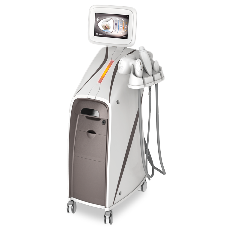 Dispositivo medico estetico bianco con schermo centrale e due accessori portatili su base con ruote.