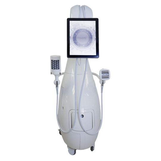 Dispositivo medico estetico bianco con schermo centrale e due accessori portatili su base con ruote.