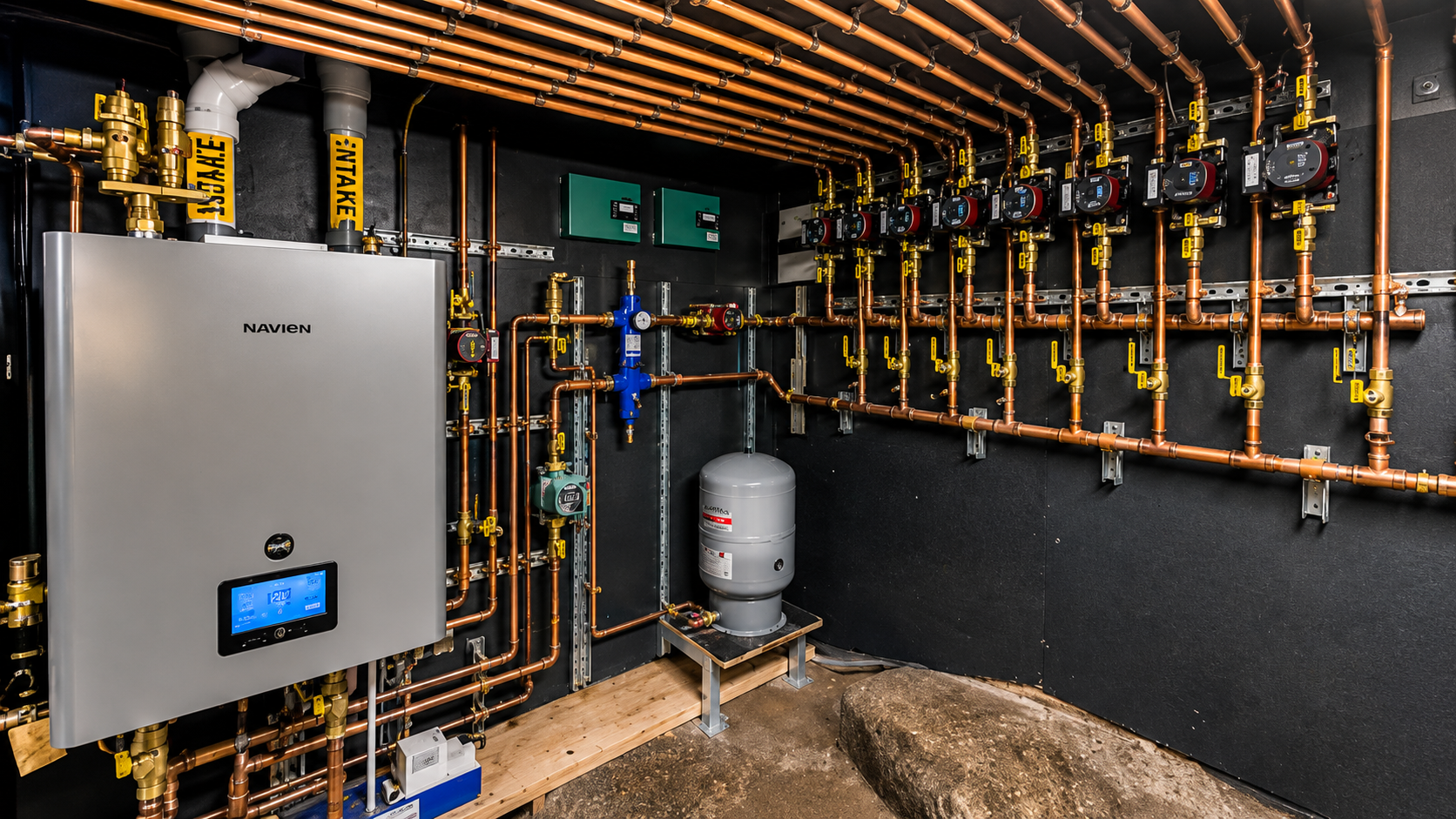 Mechanical room with boiler, pipes, and control panel on dark walls and ceiling
