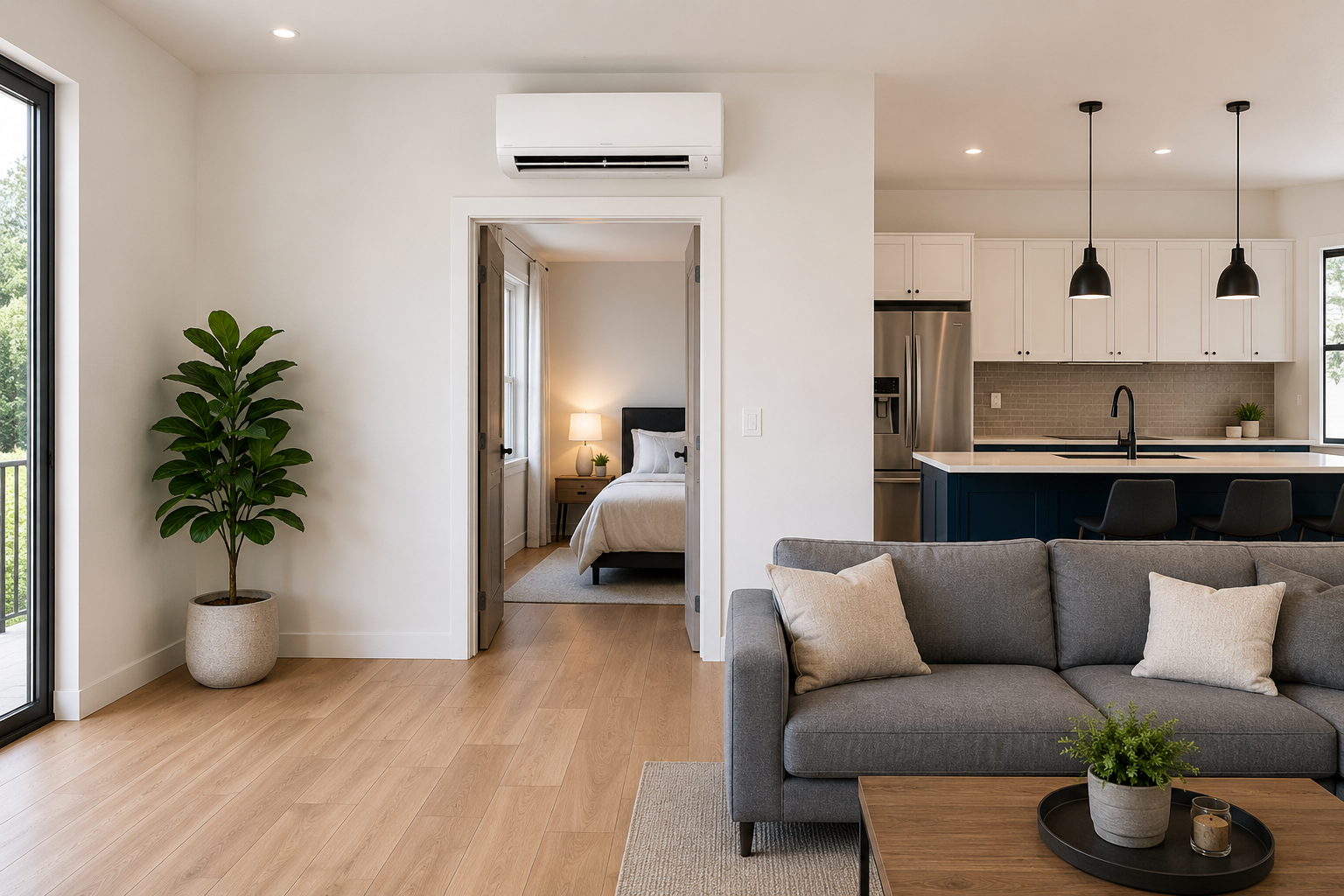 Modern apartment living room with gray sofa, wood floors, indoor plant, and open kitchen view
