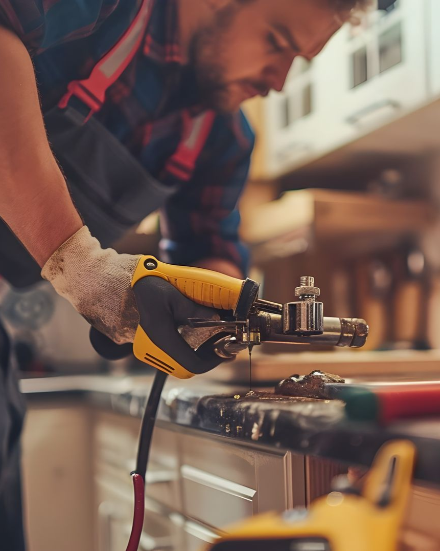 Worker using a yellow power tool to cut metal on a workbench in a workshop