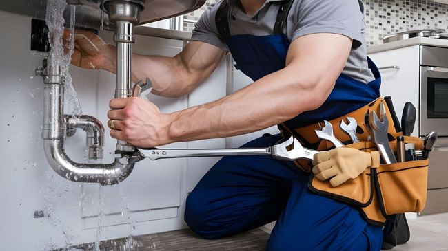 Plumber repairing under-sink pipes, kneeling on tile floor with tools in a brown tool belt.