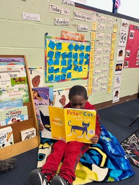 A young boy is reading a book called potato cat
