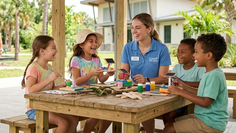 A group of children and an instructor sit at an outdoor wooden table laughing while assembling small solar-powered toys.