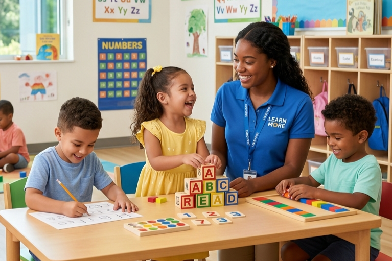 A teacher smiles while sitting at a table with three children who are learning with colorful building blocks and puzzles.