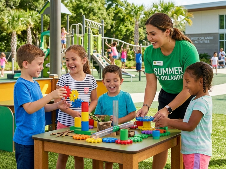 A camp counselor and four children play with colorful plastic gears and building blocks on a table at an outdoor park.