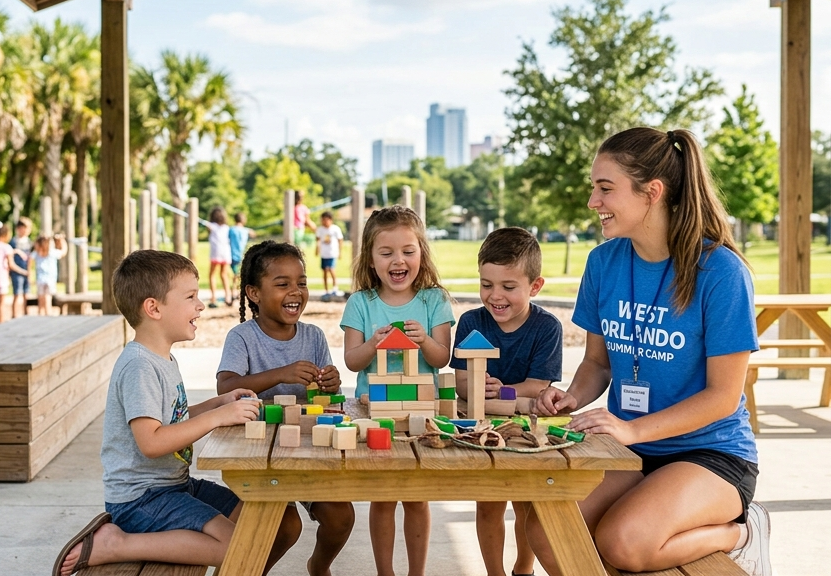 A group of children and a camp counselor build with wooden blocks on a picnic table at an outdoor park.