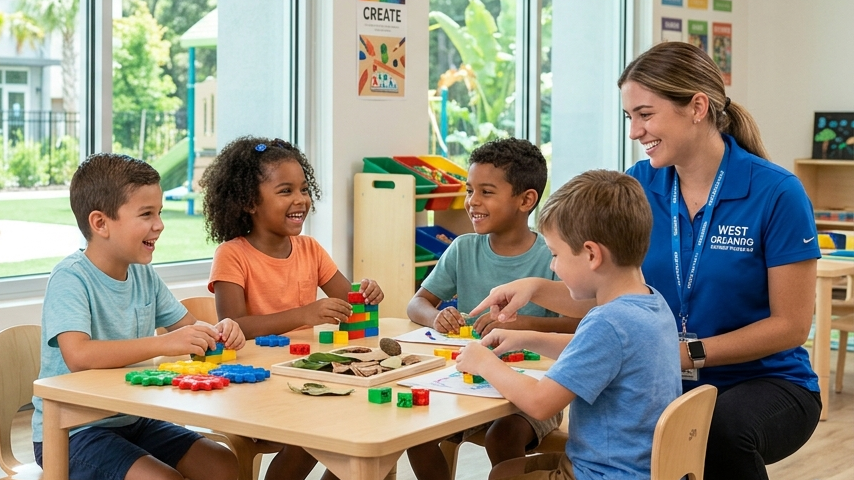 A teacher smiles while sitting at a table with four children who are playing with colorful building blocks.