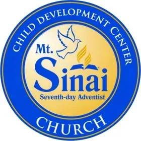 Blue and gold logo for Mt. Sinai Child Development Center, with a dove, open book, and text