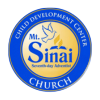 Logo for Mt. Sinai Seventh-day Adventist Church Child Development Center, blue and gold circular design with dove and flame.