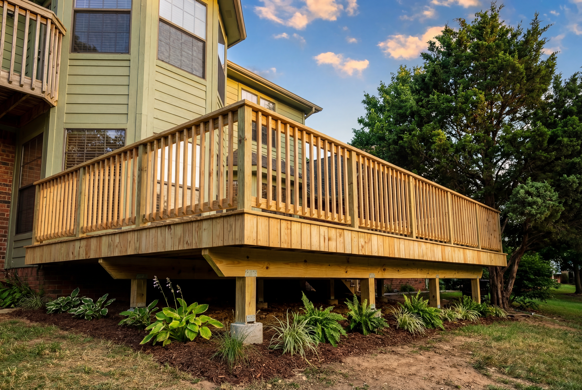 Wooden deck attached to a house, with railing, support posts, and surrounding greenery.