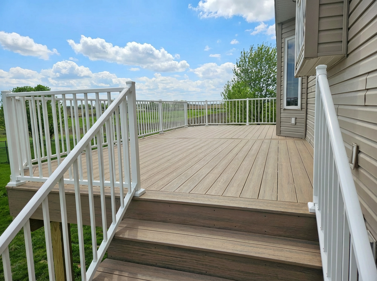 Wooden deck with white railings and stairs overlooking a grassy yard under a partly cloudy sky