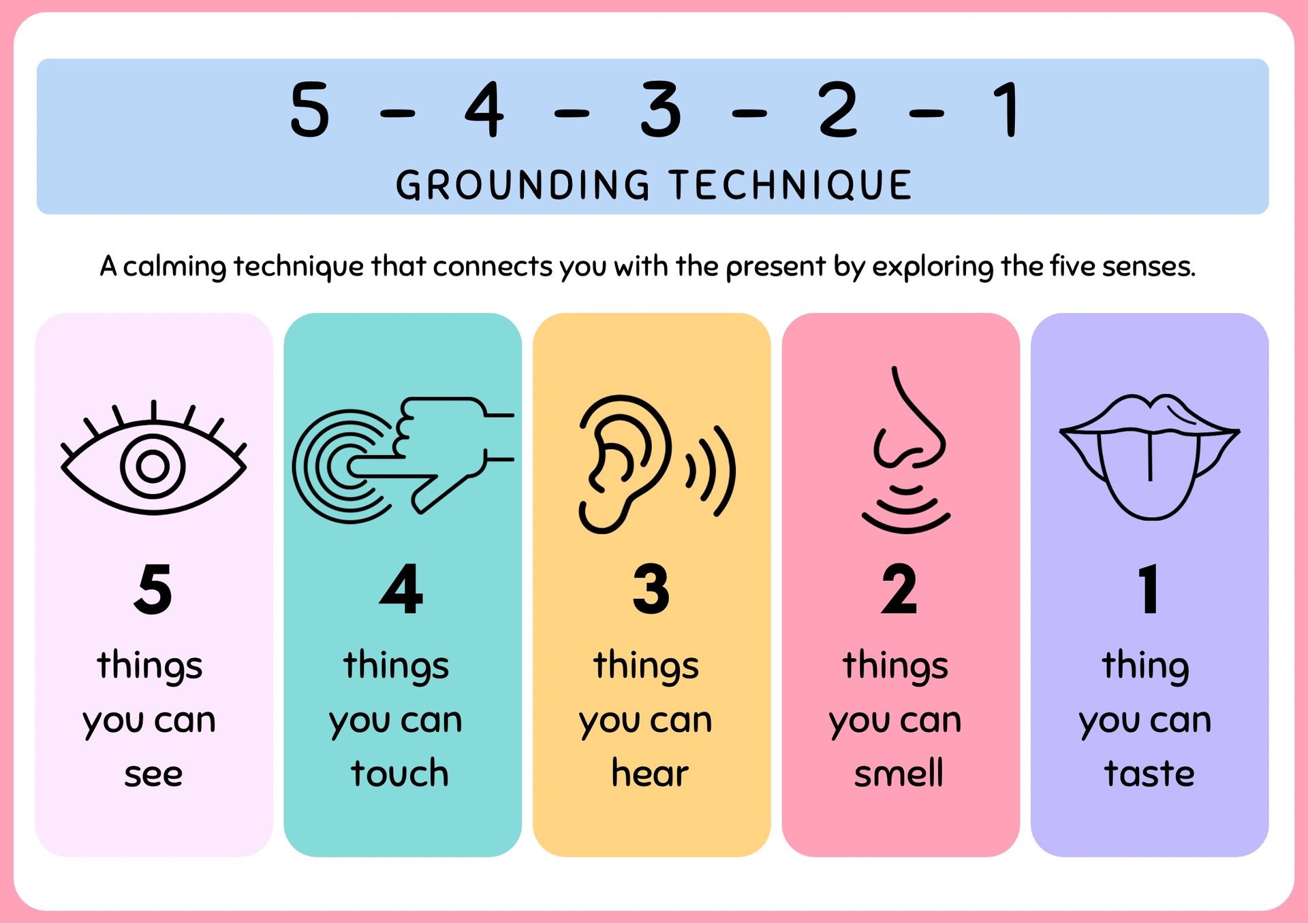 Feeling overwhelmed by anxiety? Grounding techniques are helpful for 5 4 3 2 1 Grounding Free Printable