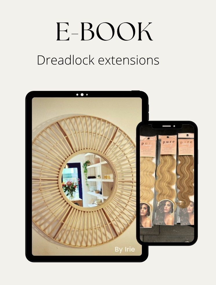 E-book ter promotie van dreadlock-extensions, getoond op een tablet en telefoon, met een spiegel en haarstalen.