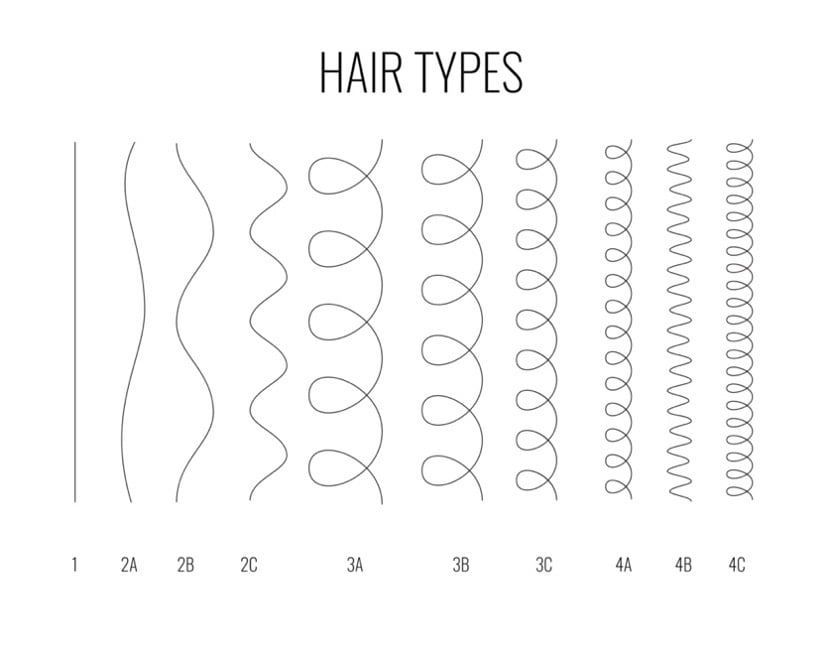 Diagram met de verschillende haartypes: 1 (steil), 2A-2C (golvend), 3A-3C (krullend), 4A-4C (kroeshaar).