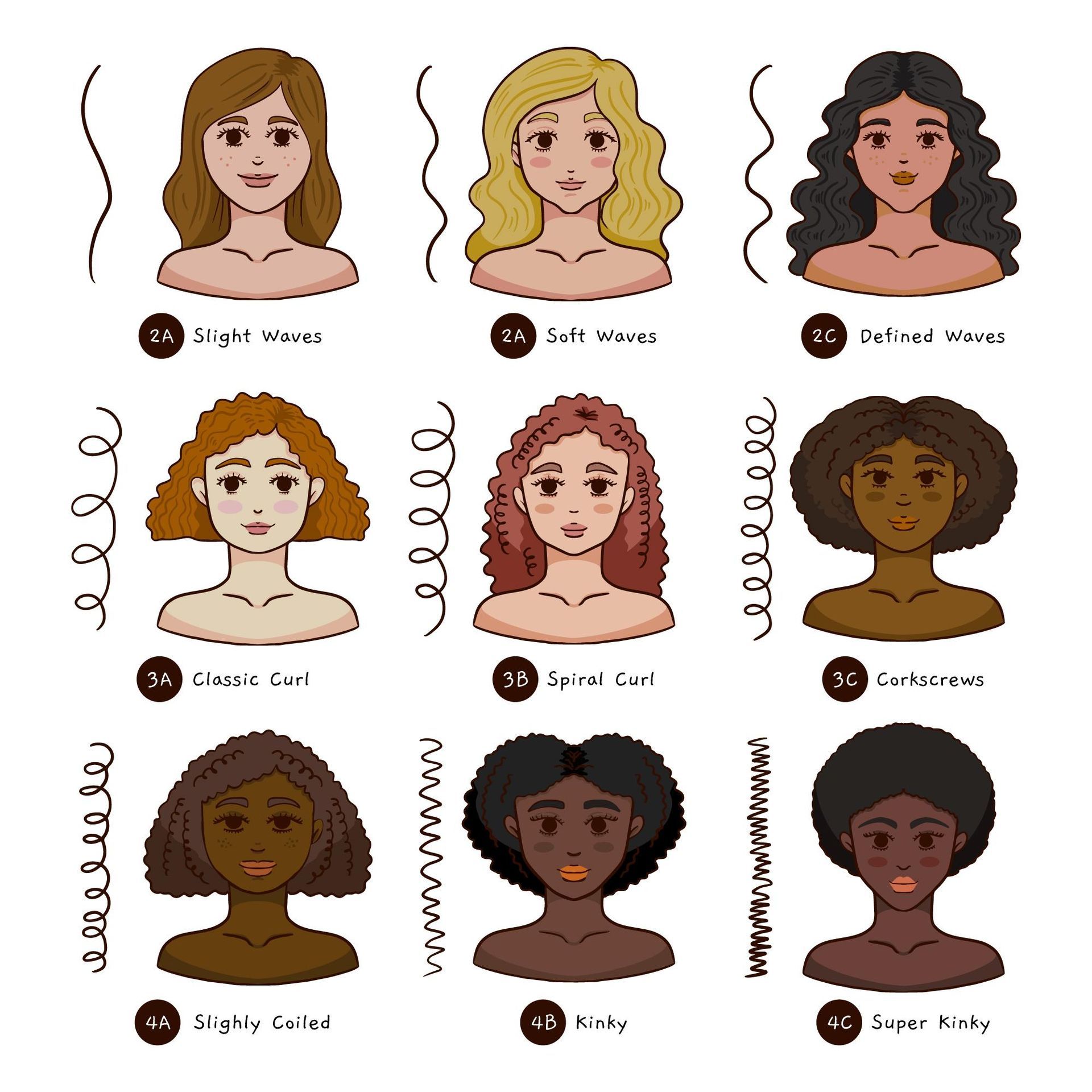 Negen illustraties van vrouwen met verschillende soorten krullend haar, voorzien van beschrijvende termen.