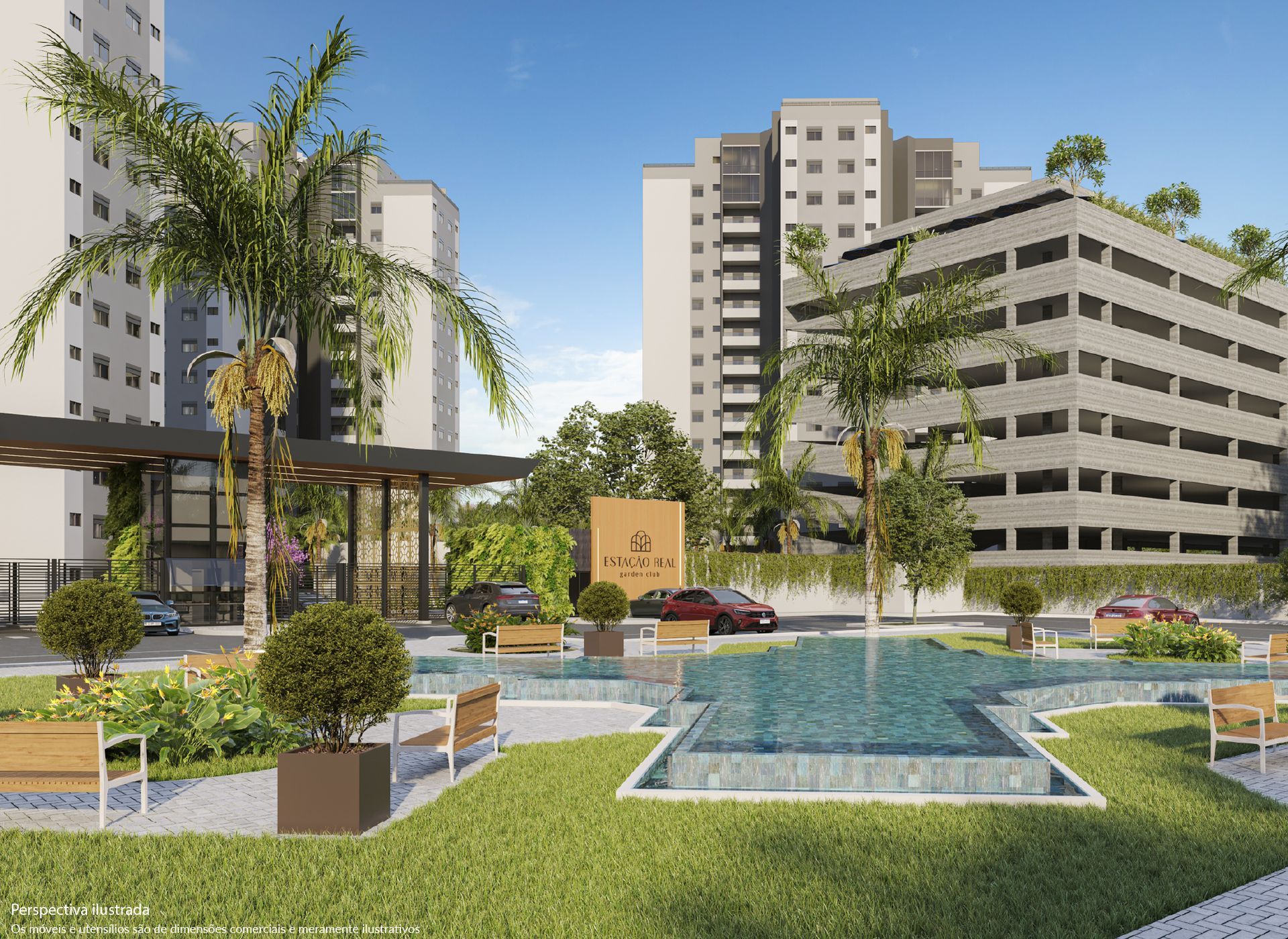 Entrada de complexo de apartamentos moderno com paisagismo, piscina e palmeiras.