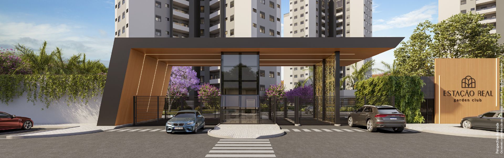 Entrada para um moderno complexo de apartamentos com carros, sinalização e paisagismo exuberante.