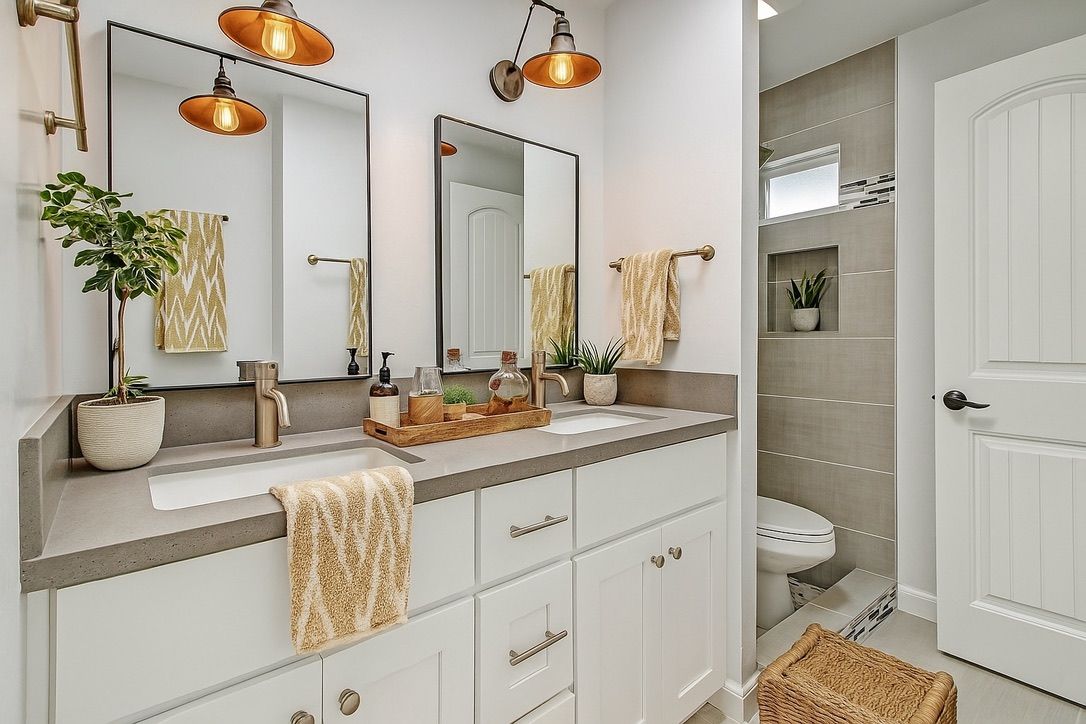A bright bathroom with a double vanity, mirrors, and a toilet; light gray and white with gold accents.