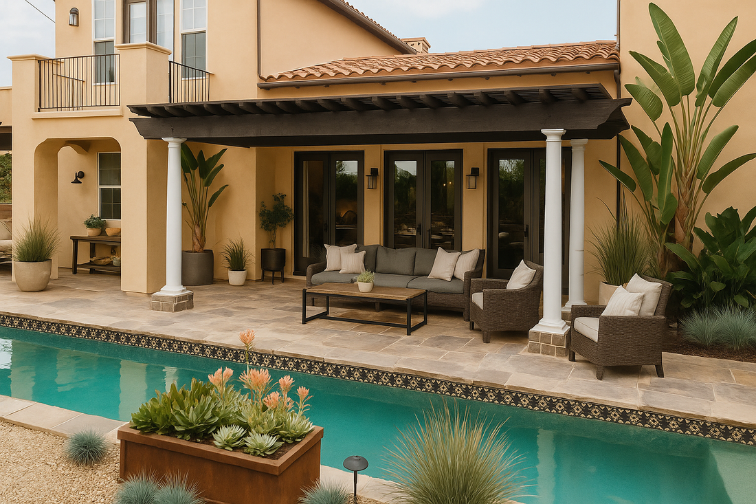 Patio with pool; outdoor seating under a pergola with dark wood, cream columns, and lush greenery.