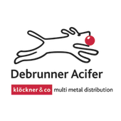 Debrunner Acifer-Logo mit schwarzer Hasenkontur und rotem Punkt, plus Klöckner & Co Multi-Metall-Vertriebstext