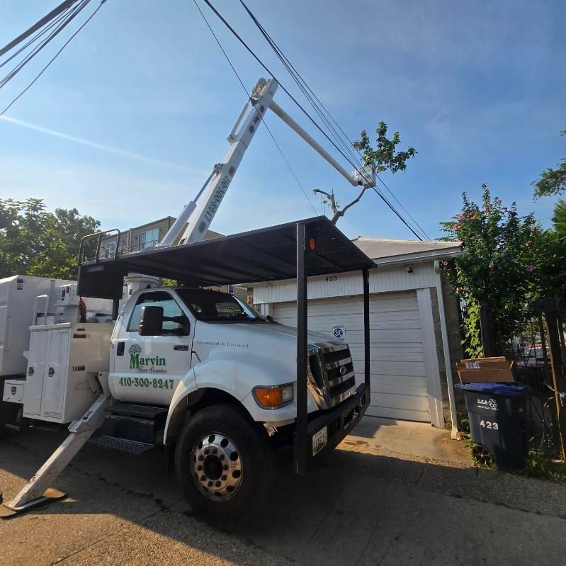 Bucket truck parked at a house, lifting utility lines above a garage on a sunny day