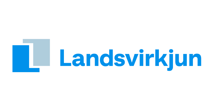 Blátt og hvítt merki fyrir Landsvirkjun á hvítum bakgrunni
