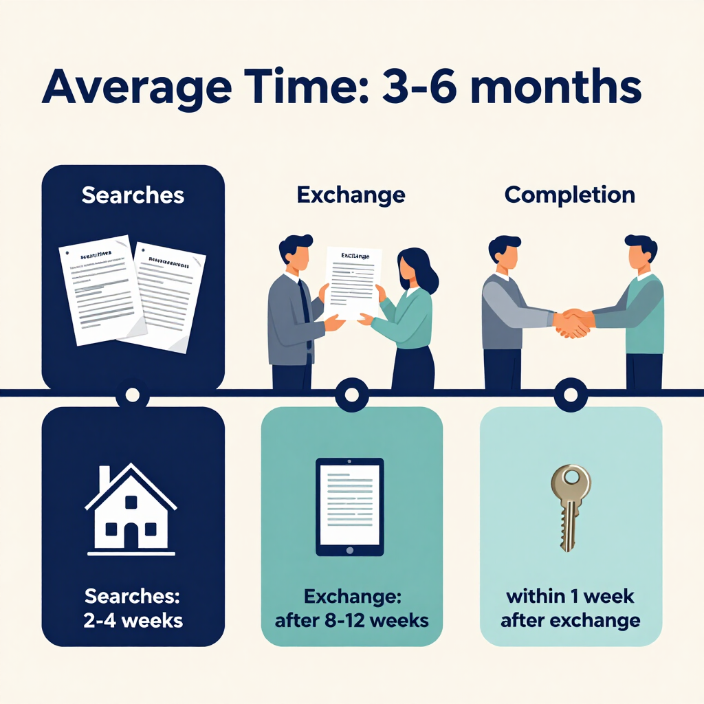 Timeline infographic: average time 3-6 months; searches 2-4 weeks, exchange 8-12 weeks, completion within 1 week.