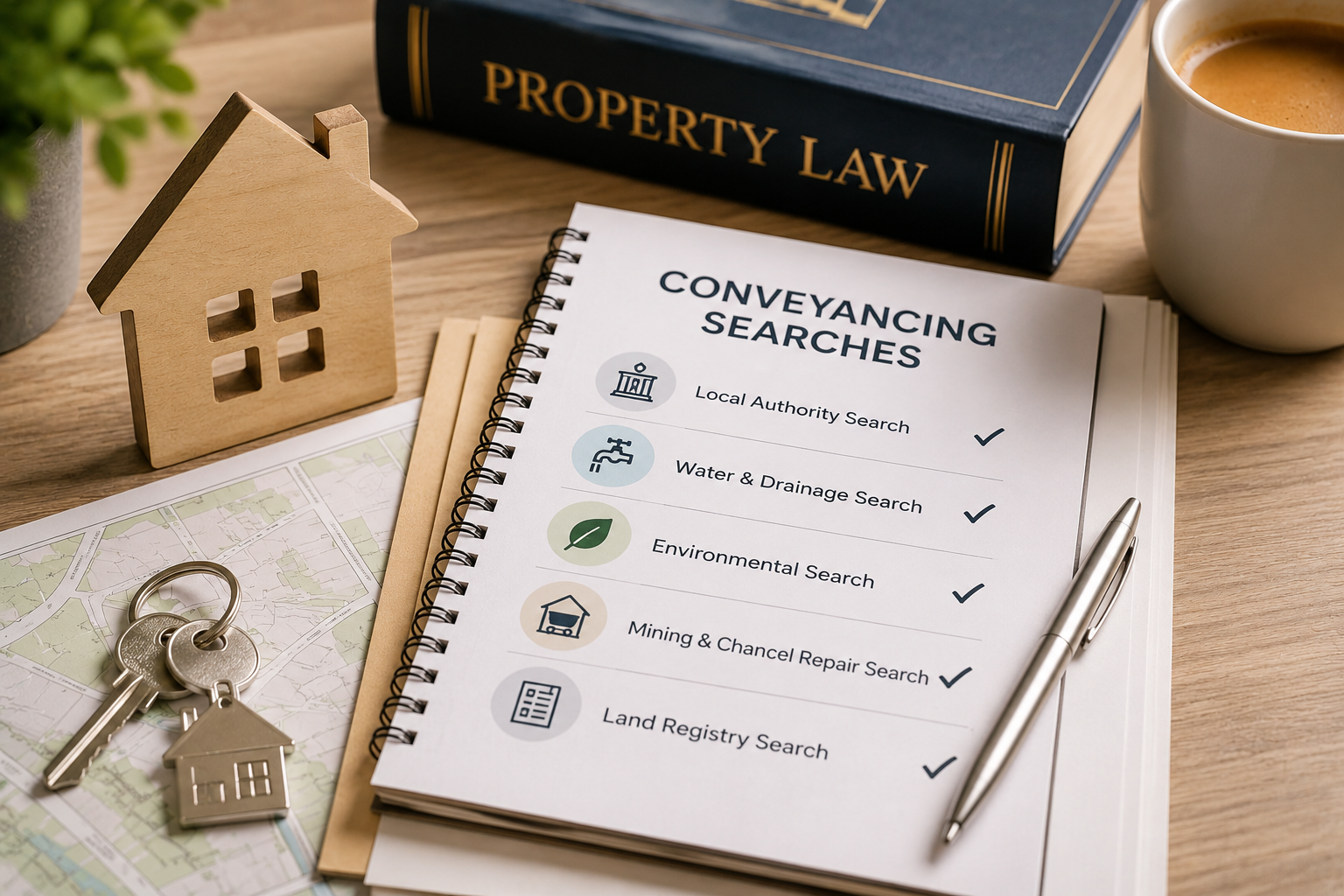 Property law and conveyancing checklist beside house and keys on a desk