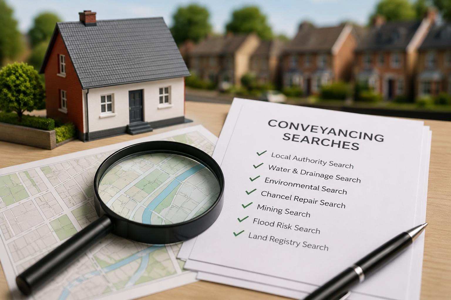 Magnifying glass over a conveyancing searches checklist beside a house model on property papers